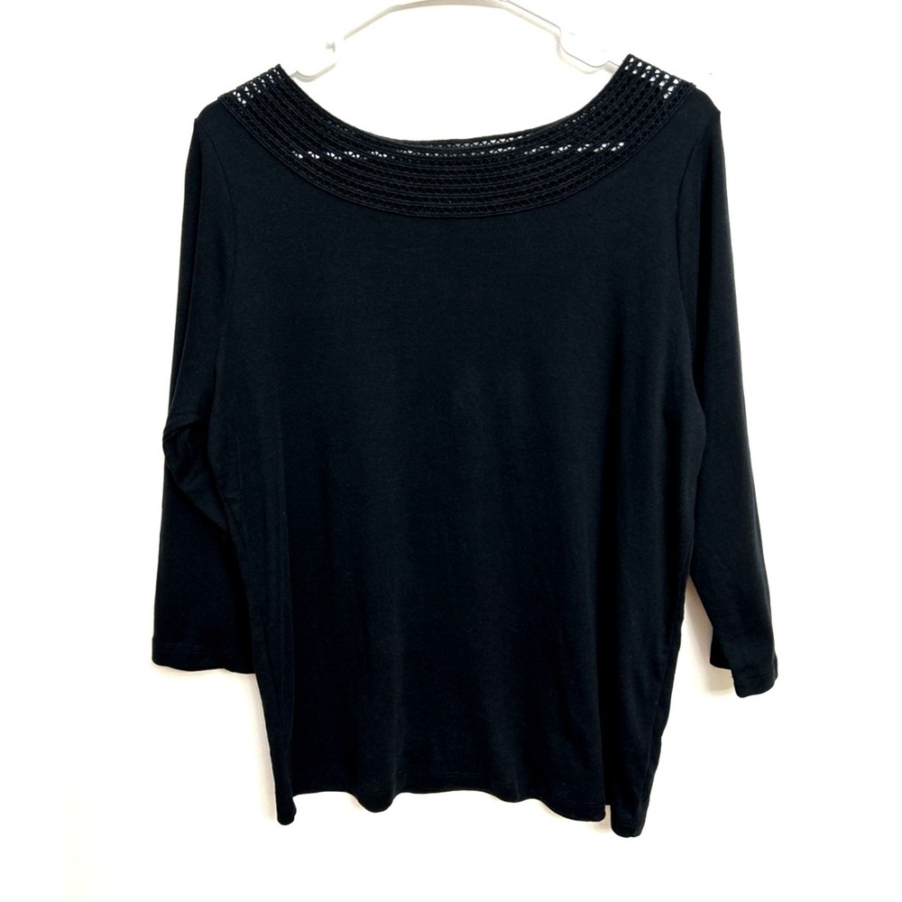 Lauren Ralph Lauren Knit Top Women's‎ 1X Black 3/4 Sleeve Crochet Neck Quiet Lux